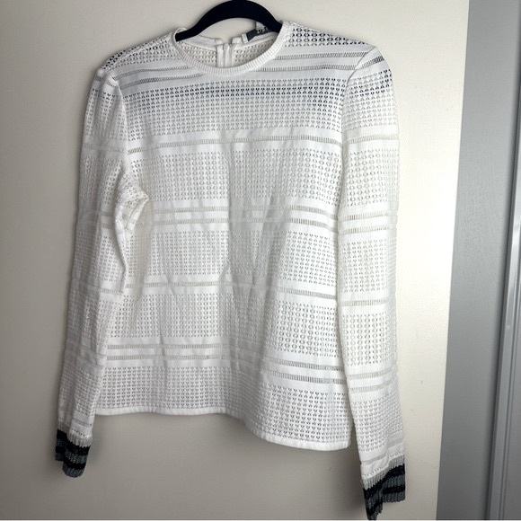 Tibi White Eyelet Semi-Sheer Long Sleeve Top W/Sparkly Shimmer Striped Cuffs 6 - Picture 5 of 14